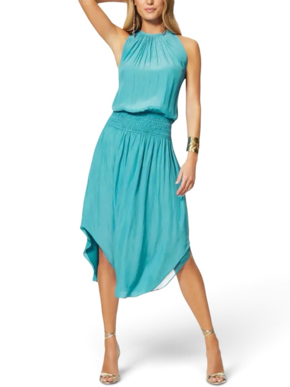 Ramy Brook Audrey Blouson Smocked Midi-Dress Seabreeze